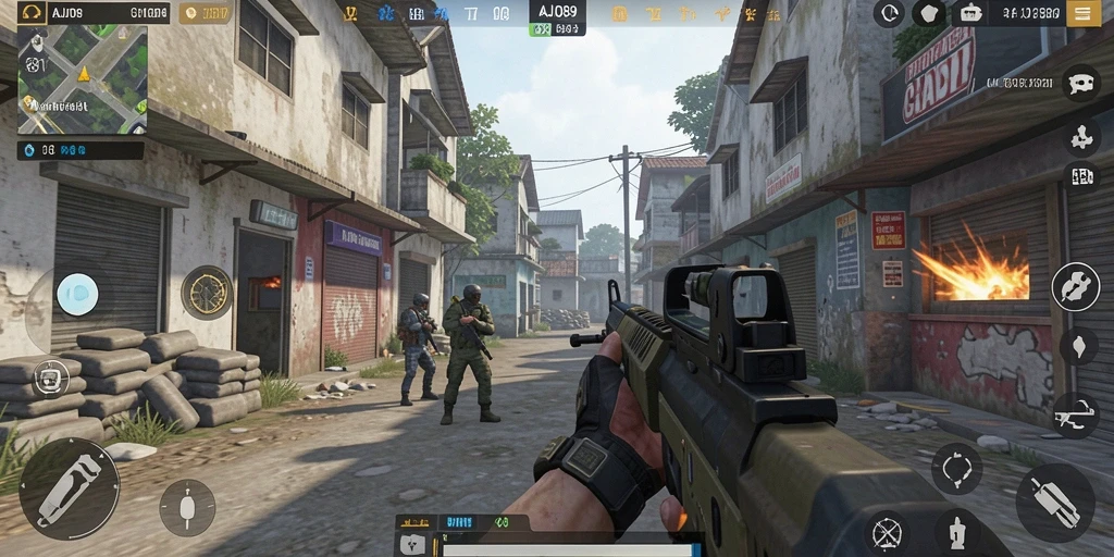 Tangkapan layar gameplay AJO89 dengan pertempuran FPS yang intens.