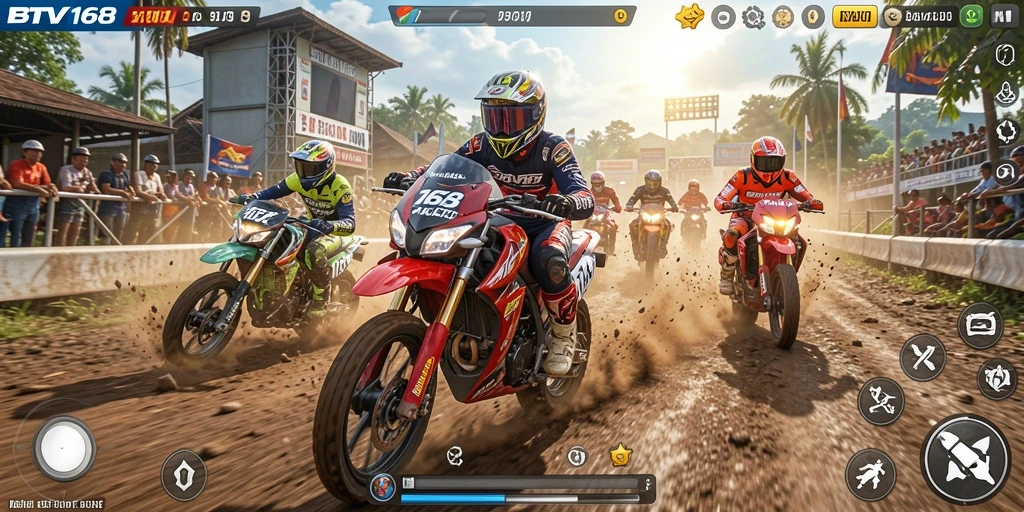 Screenshot gameplay BTV168 menampilkan balapan motor yang intens.