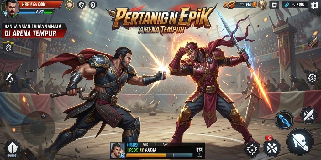 Screenshot utama HR89 menampilkan aksi pertarungan yang intens dan karakter-karakter yang bersemangat.