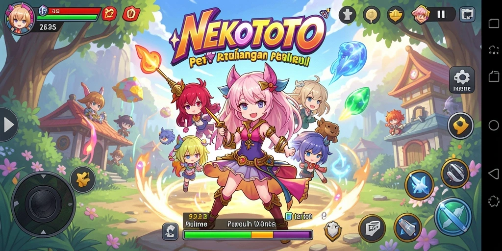 Screenshot utama NEKOTOTO menampilkan karakter Anime yang menarik dalam aksi.