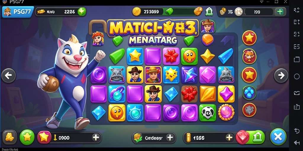 Screenshot utama PSG77 menunjukkan gameplay Match-3 yang penuh warna dan menyenangkan.