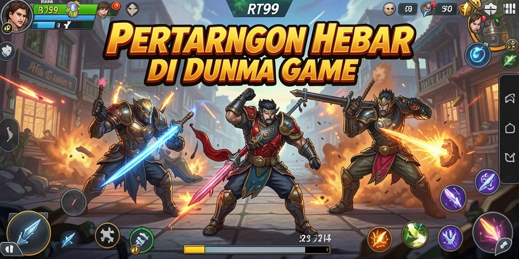 Screenshot utama RT99 menampilkan karakter bertarung dalam aksi epik.
